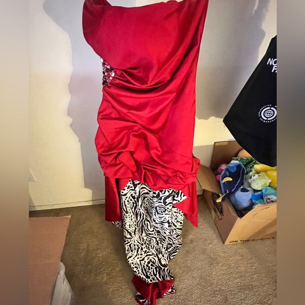 Red Satin Prom Dress with Animal Print
